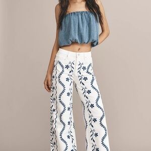 Anthropologie Drift Wood Embroidered Blue Flower Jeans 29